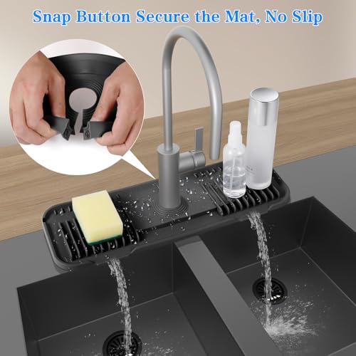 Kitchen Faucet Mat, DK-SIMINA Silicone Faucet Mat Silicone Faucet Drip Catcher with Cuttable Circular Central for Kitchen Sink, Tailor-Made for Faucets with Deck Plate【Black】 - color: Black