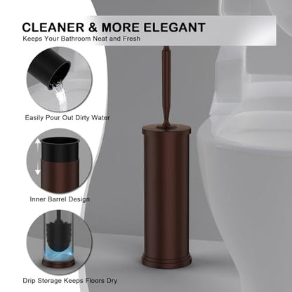 Stainless Steel Toilet Bowl Brush and Holder Set Scrubber Bronze Brown | Weighted Stable Base Removable Inner Tube Toilet Bowl Brush Splash-Proof Design for Deep Cleaning Space Saving Storage - color: Bronze