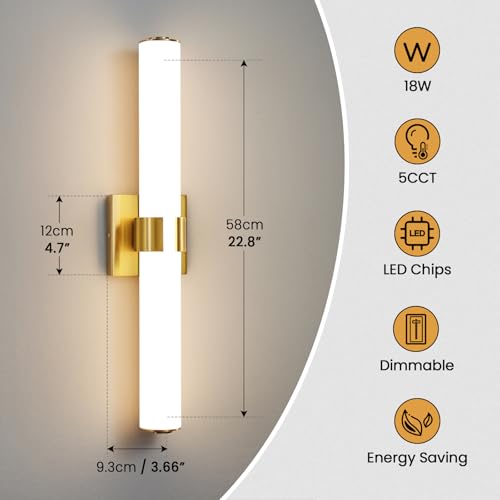 AIJIASI Bathroom Vanity Light Fixtures Over Mirror - 22.8 Inch Gold Bathroom Light Fixtures with Acrylic Shade 18W Dimmable 5CCT LED Vanity Light Modern Bathroom Sconces - color: Gold, size: 22.8 INCH