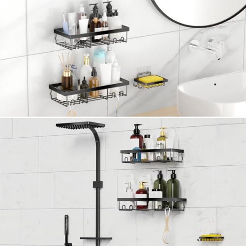Moforoco 3-Pack Shower Caddy Basket Shelf with Soap Holder, No Drilling Traceless Adhesive Shower Wall Shelves, Rustproof Black Bathroom Shower Storage Organizer - color: Black