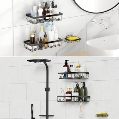 Moforoco 3-Pack Shower Caddy Basket Shelf with Soap Holder, No Drilling Traceless Adhesive Shower Wall Shelves, Rustproof Black Bathroom Shower Storage Organizer - color: Black