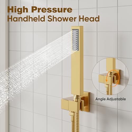 ESNBIA Gold Shower Head System, All Metal 12 Inches Ceiling Shower Faucet Set with Valve, Rain Shower Head with Handheld Spray Combo, Brushed Gold - color: Brushed Gold, size: 12 Inch