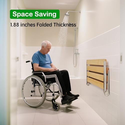 Wall Mounted Folding Shower Seat, 20 Inch Extra Large Solid Wood Shower Bench with Upgraded Waterproof Coating, 440 lbs Capacity for Seniors, Fold Down Shower Seat Easy Install ADA Compliant - size: 20 inches