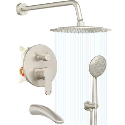 Gabrylly Shower System with Tub Spout, Bathtub Shower Faucet Set with High Pressure 12" Rain head and Handheld Spray, 3-Way Pressure Balance Valve Kit, Brushed Nickel - color: Brushed Nickel, style: 12 Inches-With Tub Spout