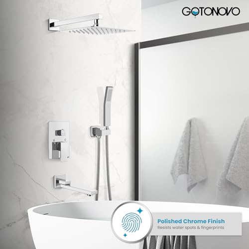 gotonovo Tub Shower Faucet Set with Valve Kit 10’’ Head,Polished Chrome | Shower System with Tub Spout,SUS304 Rain Head with Handheld Sprayer,Swivel Spout,All Metal,Rough-In Valve Trim Kit,Wall Mount - color: Chrome, size: 10’’ Head
