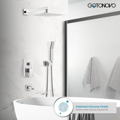 gotonovo Tub Shower Faucet Set with Valve Kit 10’’ Head,Polished Chrome | Shower System with Tub Spout,SUS304 Rain Head with Handheld Sprayer,Swivel Spout,All Metal,Rough-In Valve Trim Kit,Wall Mount - color: Chrome, size: 10’’ Head
