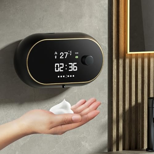 Automatic Soap Dispenser Liquid Bathroom, Wall Mount Rechargeable Touchless, Adjustable Auto Smart Electric Plastic Soap Dispenser with Clock, for Bathroom Kitchen,B,Black