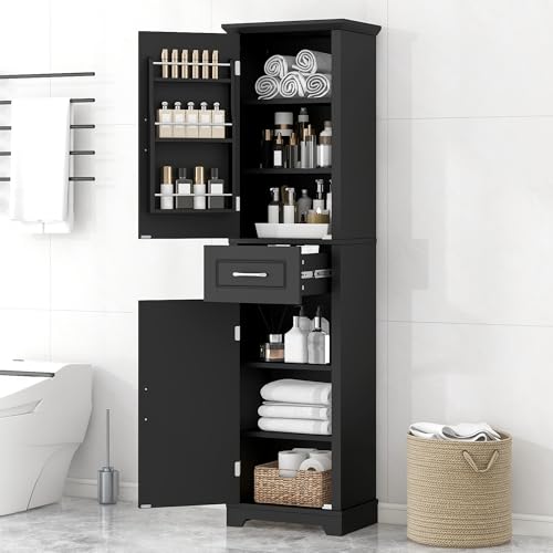 Bathroom Tall Storage Cabinet, Floor Freestanding Storage Cabinet with 2 Doors, One Drawer, Door Shelve Design, and Adjustable Shelf for Bathroom, Office, Multi-Use Organizer, Black - color: Black