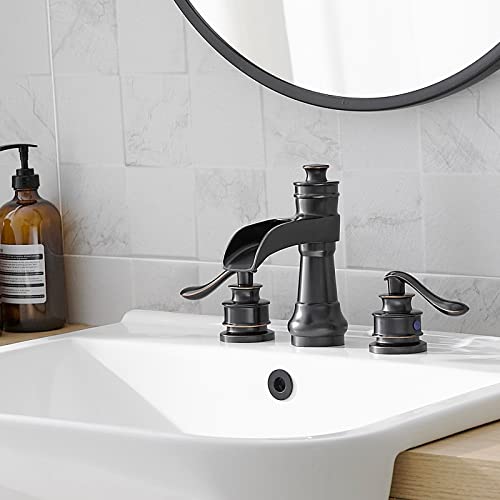 Bathroom Sink Faucet Waterfall 3 Hole or 8 Inch Widespread Tap | Oil Rubbed Bronze,Brass,Dual Handle,Easy to Clean,Simple Installation,Pop-up Drain,Supply Line,Control of Hot and Cold Water - color: Oil Rubbed Bronze