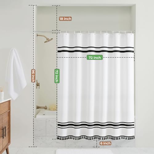 Black and White Shower Curtain Farmhouse Striped Shower Curtain 72 X 72 | Water-resistant fabric, textured fringe detail, modern boho styling, decorative bathroom update for tubs and showers - size: 72"W x 72"L (Pack of 1)