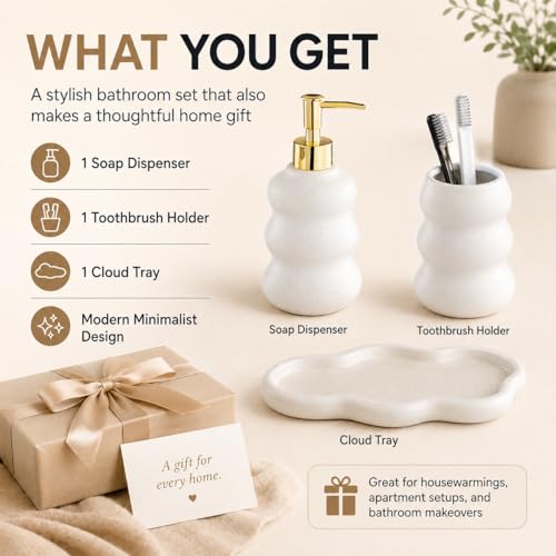 3-Piece Ceramic Bathroom Accessories Set with Sand Point Glaze Design - Tray, Lotion Dispenser, and Tumbler - Bring Nature to Your Bath - color: Beige