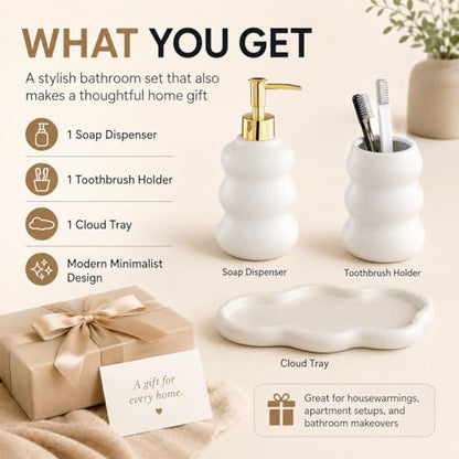3-Piece Ceramic Bathroom Accessories Set with Sand Point Glaze Design - Tray, Lotion Dispenser, and Tumbler - Bring Nature to Your Bath - color: Beige