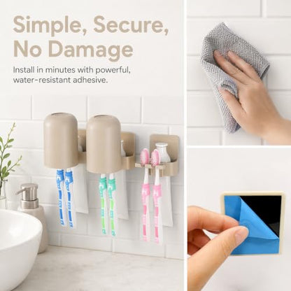 Adhesive Toothbrush Holders, Wall Mounted Space Saving 3 in 1 with Gargle Cup, for Bathroom Shower Mirror, Stick On Tooth Paste Hanger, Daily Use