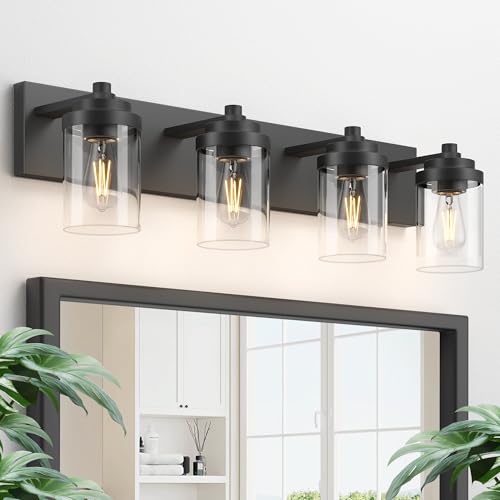 Bathroom Vanity Light Fixture, 4-Light Modern Black Vanity Light Fixtures with Clear Glass Shade, Matte Black Bathroom Light Fixtures Over Mirror, Rustic Restroom Lighting Fixtures - color: Black, size: 4-Light