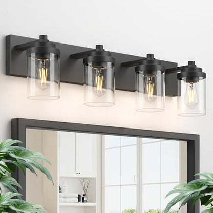 Bathroom Vanity Light Fixture, 4-Light Modern Black Vanity Light Fixtures with Clear Glass Shade, Matte Black Bathroom Light Fixtures Over Mirror, Rustic Restroom Lighting Fixtures - color: Black, size: 4-Light
