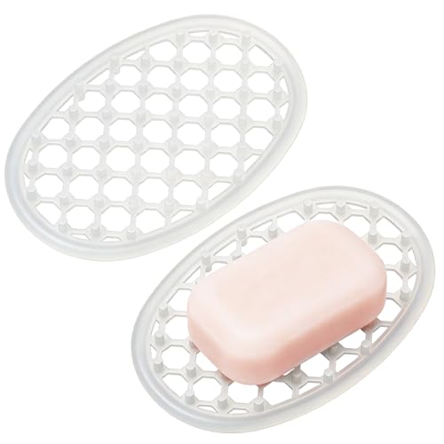2 Pcs Soap Dish with Drainage Holes, Silicone Soap Holder | Clear Bar Holder Tray, Self Draining Soaps Saver for Shower, Anti-Slip Soaps Container for Bathroom, Shower, Kitchen