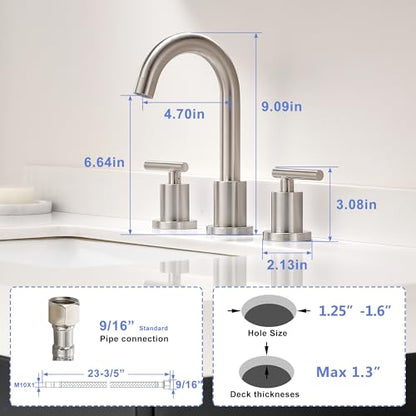 Waterfall Bathroom Faucets for Sink 3 Hole | Brushed Nickel Bathroom Faucet with Pop-up Drain, 8 Inch Widespread Bathroom Sink Faucet 2-Handles Vanity Faucet with Supply Lines - color: Brushed Nickel