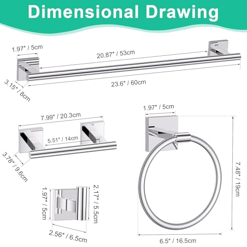 10 Pieces Polished Chrome Towel Bar Set, Double Dase Toilet Paper Holder Bathroom Hardware Set, 23.6 Inch Stainless Steel Towel Rack for Bathroom Wall Mounted - color: Polished Chrome, size: 10pieces B