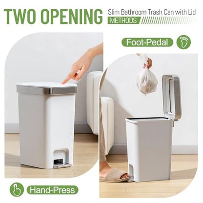 2 Pack Bathroom Trash Can with Lid 2.6 Gallon,Step Pedal Small Basket | Plastic Garbage Can with Press Top Bin & Foot Pedal Trash Bin, Mini Waste Basket for Bedroom,Offices,Dorm,RV(Grayish-White) - color: Grayish-white-2 Pack