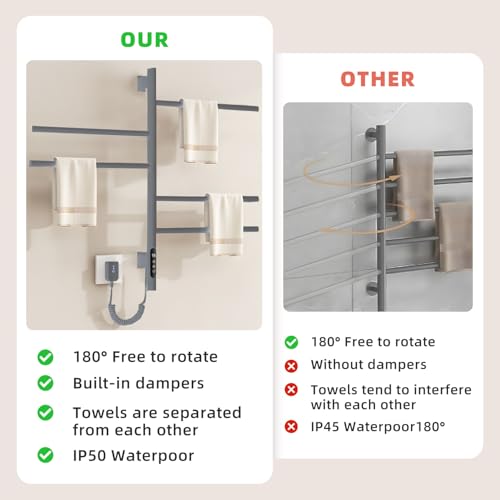 180°Rotation Electric Heated Towel Rack Wall Mounted Towel Warmer Racks 5 Bars Hardwired & Plug-in Hot Towel Rack with 1H-9H Timer for Home Bathroom Salons and Spas (Grey) - color: Grey, size: G63