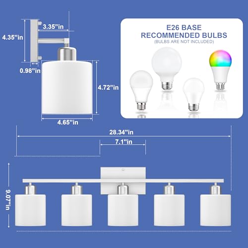 Bathroom Lights Over Mirror Brushed Nickel, Anti-Rust 5-Light Bathroom Vanity Light Fixtures, Modern 28.34Inches Wall Sconces E26 Base, Milky White Glass Shades, Bulbs Not Included - color: Brushed Nickel-5Light