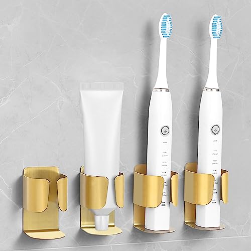 Electric Toothbrush Holder Wall Mount, 304 Stainless Steel Self-Adhesive Bathroom Organizer for Electric Toothbrush, Toothpaste & Face Wash-Space Saving, Waterproof, Holds Up to 10lbs (Golden 2 Pack) - color: Golden 2 Pack
