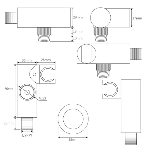 Bathroom Brass Round Water Supply Elbows Angle Adjustable Wall Mount Hand Held Shower Head Bracket with On/Off Flow Control Holder, Chrome - color: Chrome
