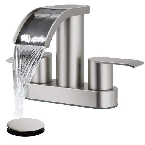 gotonovo 4’’ Centerset Bathroom Sink Faucet Waterfall Brushed Nickel | SUS304 Bathroom Faucet,2.17’’ Wide Spout,24’’ cUPC Water Line,Pop up Drain,2 Handle,Basin,Vanity,RV,Lavatory 2 or 3 Hole Sink - color: Nickel