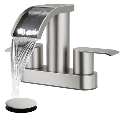 gotonovo 4’’ Centerset Bathroom Sink Faucet Waterfall Brushed Nickel | SUS304 Bathroom Faucet,2.17’’ Wide Spout,24’’ cUPC Water Line,Pop up Drain,2 Handle,Basin,Vanity,RV,Lavatory 2 or 3 Hole Sink - color: Nickel