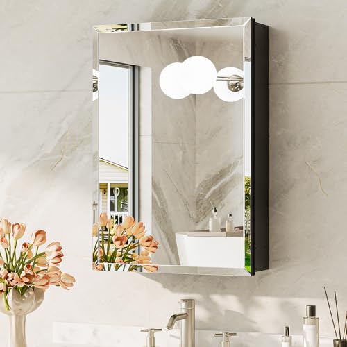 16 x 24 Medicine Cabinets for Bathroom with Mirror, Assembly Required, Recessed Medicine Cabinet with Tempered Beveled Mirror, Stepless Adjustable Shelves, DTC Hinge - color: Black, size: 16x24 in