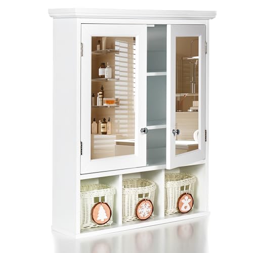 Bathroom Medicine Cabinet with Mirror Doors, Wall Mounted Cabinet with 2 Adjustable Shelves and 3 Storage Baskets, Over The Toilet Wall Cabinet for Bathroom, Laundry Room, Kitchen