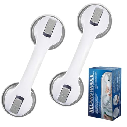 12-Inch Suction Grab Bars for Bathtubs and Showers - 2 Pack Heavy-Duty Bathroom Safety Handles for Seniors and Shower Chairs (Gray/White) Grab Bars can be attached to Tiles, Glass & Hard Plastic ONLY.