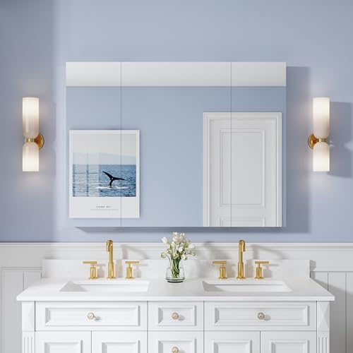 48" x 36" Bathroom Medicine Cabinet with Mirror, Anodized Chrome Aluminum Frame, Surface Mount or Recessed Medicine Cabinet with Mirror, Bathroom Mirror with Storage, Three Doors - size: 48"x36"-A