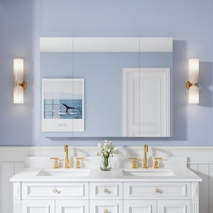 48" x 36" Bathroom Medicine Cabinet with Mirror, Anodized Chrome Aluminum Frame, Surface Mount or Recessed Medicine Cabinet with Mirror, Bathroom Mirror with Storage, Three Doors - size: 48"x36"-A