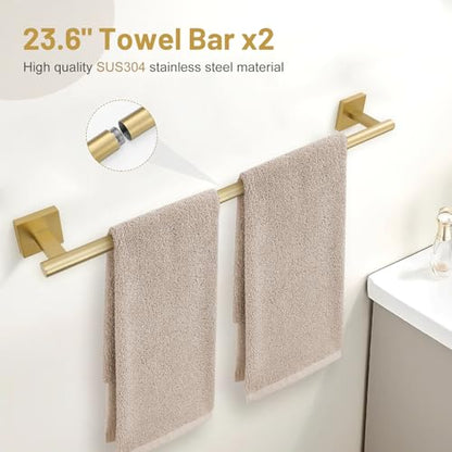 Lairuier 10-Piece Brushed Gold Bathroom Accessories, Towel Bar Set | Bathroom Hardware Set Includes SUS304 23.6" Towel Bar, Towel Ring, Toilet Paper Holder and Towel Hooks Wall Mounted - color: Brushed Gold, size: 10 Pieces - Extended