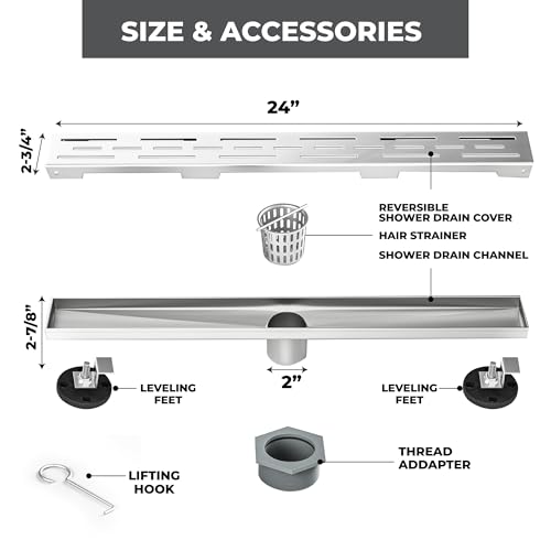 24 Inch Linear Shower Drain - Removable Brick Pattern Grate | 304 Stainless Steel Rectangular Floor Drain Set with Hair Catcher, Adjustable Leveling Feet & Adapter - color: Brushed Nickel With Grate, size: 24 Inch