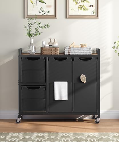 HOOBRO Laundry Sorter with 4 Section, 34 Gal. (127 L) Laundry Hamper with Wheels, Rolling Laundry Basket with Shelf, Pull-Out Detachable Bags, Side Pockets, Rustic Brown and Black BF14XY01N1 - color: Rustic Brown + Black