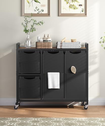 HOOBRO Laundry Sorter with 4 Section, 34 Gal. (127 L) Laundry Hamper with Wheels, Rolling Laundry Basket with Shelf, Pull-Out Detachable Bags, Side Pockets, Rustic Brown and Black BF14XY01N1 - color: Rustic Brown + Black