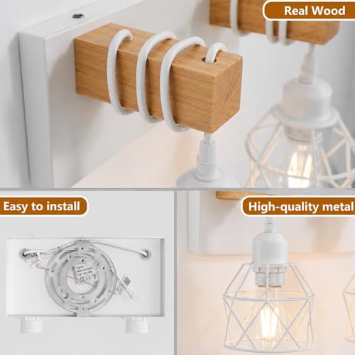 Farmhouse Vanity Light Fixture,2-Light Bathroom Lighting,White Modern Wood Wall Light Over Mirror with Metal Shade - color: White, size: 2-Light-Wide 12"