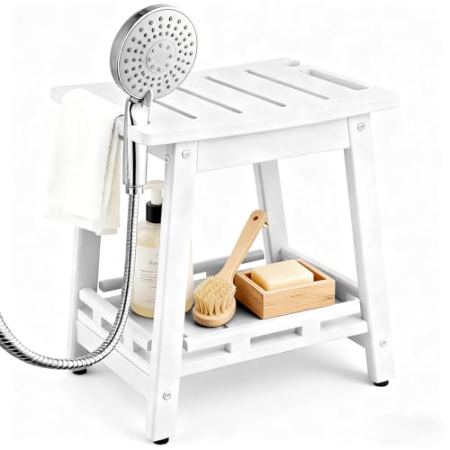 HDPE Shower Bench Seat for Shaving Legs, Waterproof Shower Stool with Storage Shelf for Bathroom,White - color: White, size: 16.9*12.6*16.5in