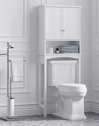 UTEX Over the Toilet Storage Cabinet with Doors, Adjustable Shelf, White | Raised-Panel Doors, Adjustable Interior Shelf, Open Storage, Anti-Tip Device, 33-Inch Clearance, FSC-Certified Wood