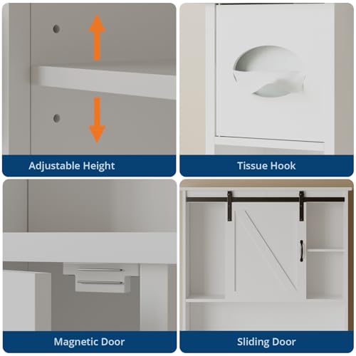 Takywep Over The Toilet Storage Cabinet with 2 Doors, Adjustable Shelf, Toilet Paper Holder and Hooks, Space-Saving Bathroom Organizer for Restroom, Laundry, White