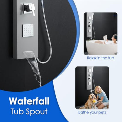 ROVOGO Shower Panel Tower System With Led Lights, 5 Shower Modes, Brushed | Rainfall Mist Shower Head, 3 Body Jets, Handheld and Tub Spout, Stainless Steel Shower Column With Mixing Valve, 46.5 Inch - style: Brusehd- With Led Lights