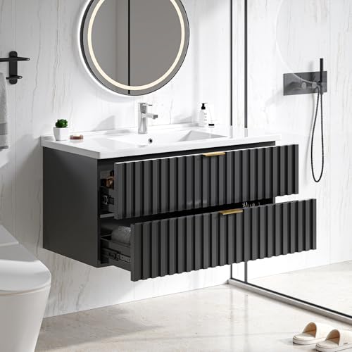 ONBRILL 36 Inch Bathroom Vanity with Sink Combo, Floating Bathroom Vanity with 2 Fluted Drawers & Metal Handle, Modern Wall Mount Storage Cabinet with Ceramic Integrated Sink for Small Space (Black) - color: Black, size: 36"