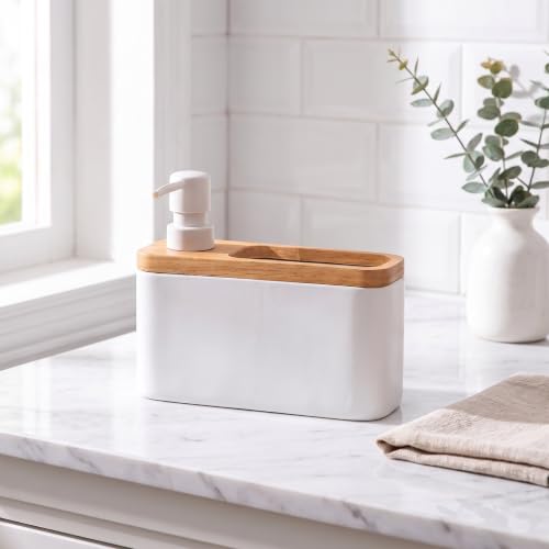 RQYIXI 2-in-1 Ceramic Soap Dispenser with Sponge Holder, White, 17 Oz | natural acacia wood accent rectangular modern kitchen sink organizer caddy pump countertop farmhouse - color: White Square