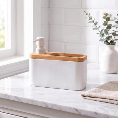 RQYIXI 2-in-1 Ceramic Soap Dispenser with Sponge Holder, White, 17 Oz | natural acacia wood accent rectangular modern kitchen sink organizer caddy pump countertop farmhouse - color: White Square
