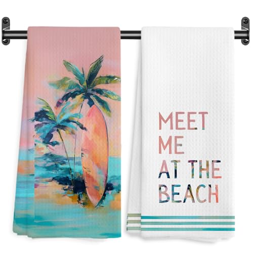 Boho Coastal Beach Kitchen Towels, Meet Me at The Beach Decorative Hand Towels for Bathroom Kitchen, Tropical Palm Tree Surfboard Dish Tea Towel Drying Cloth, 16x24 Inch Set of 2 - color: Coastal-c