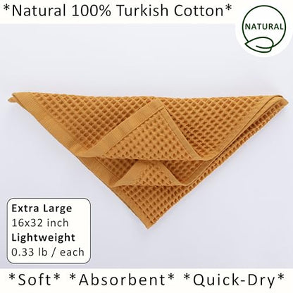PÜSKÜL Natural 100% Turkish Cotton Waffle Hand and Kitchen Towels Set of 3 | Mustard Yellow Large 32x16 in Honeycomb-Waffle weave towel for bathroom & kitchen. Premium quality oeko-tex made in Turkey. - color: Mustrad Yellow, size: Kitchen & Hand Towels P