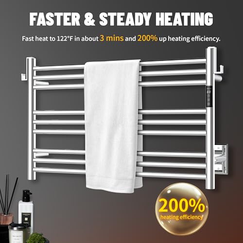 K&KALONZO Wall-Mounted 9-Bar Heated Towel Rack, Fast Heat in 2 Min, NTC Safety | 4 Timers & 3 Heat Levels Control, Plug-In/Hardwired, Top Hooks, Memory Function, Anti-Scald, Stainless Steel, EL13MP - color: Polished, size: H 19.7 x W 31.5