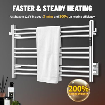 K&KALONZO Wall-Mounted 9-Bar Heated Towel Rack, Fast Heat in 2 Min, NTC Safety | 4 Timers & 3 Heat Levels Control, Plug-In/Hardwired, Top Hooks, Memory Function, Anti-Scald, Stainless Steel, EL13MP - color: Polished, size: H 19.7 x W 31.5